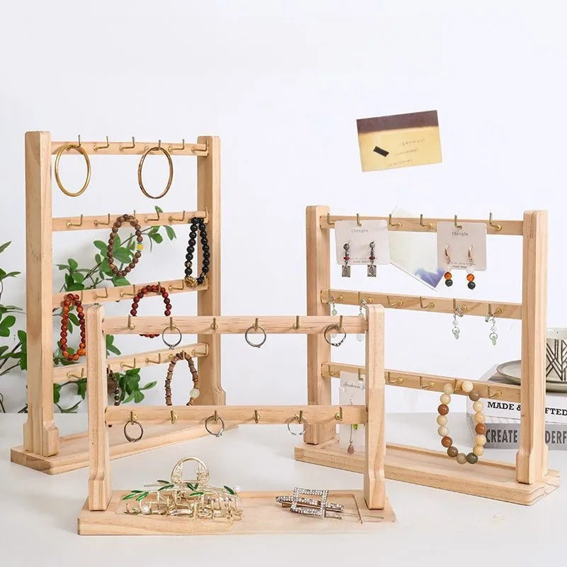 Wooden Jewelry Display Stand Earring Necklace Bracelet Organizer Artistic Style Market Stall Hook Keychain Holder Storage Rack