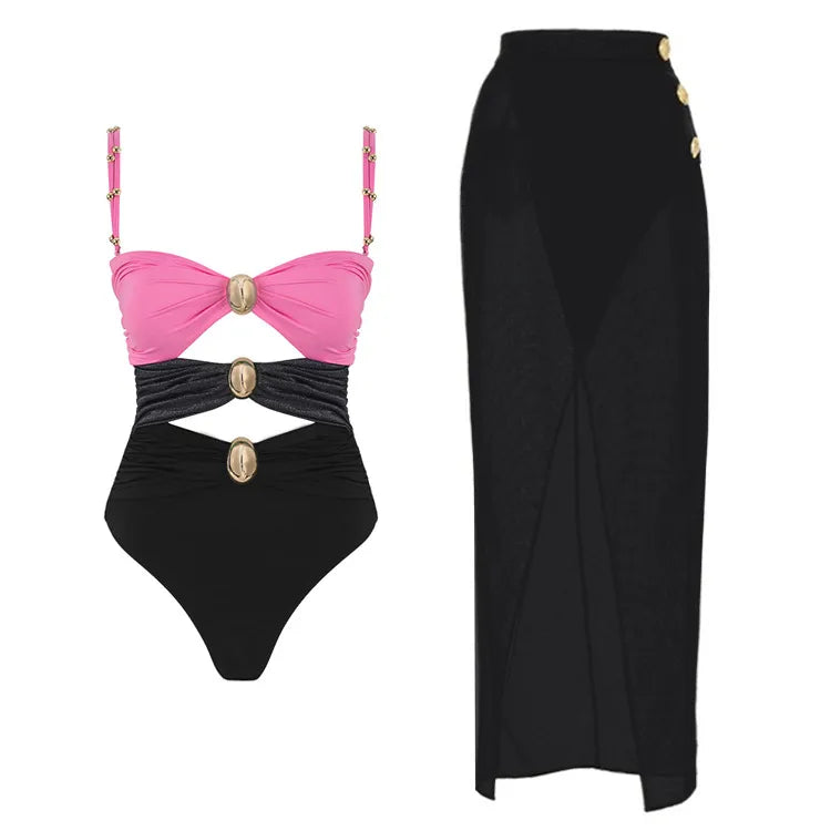 Women's Basic Classic Style Color Block 2 Pieces Set One Piece Swimwear