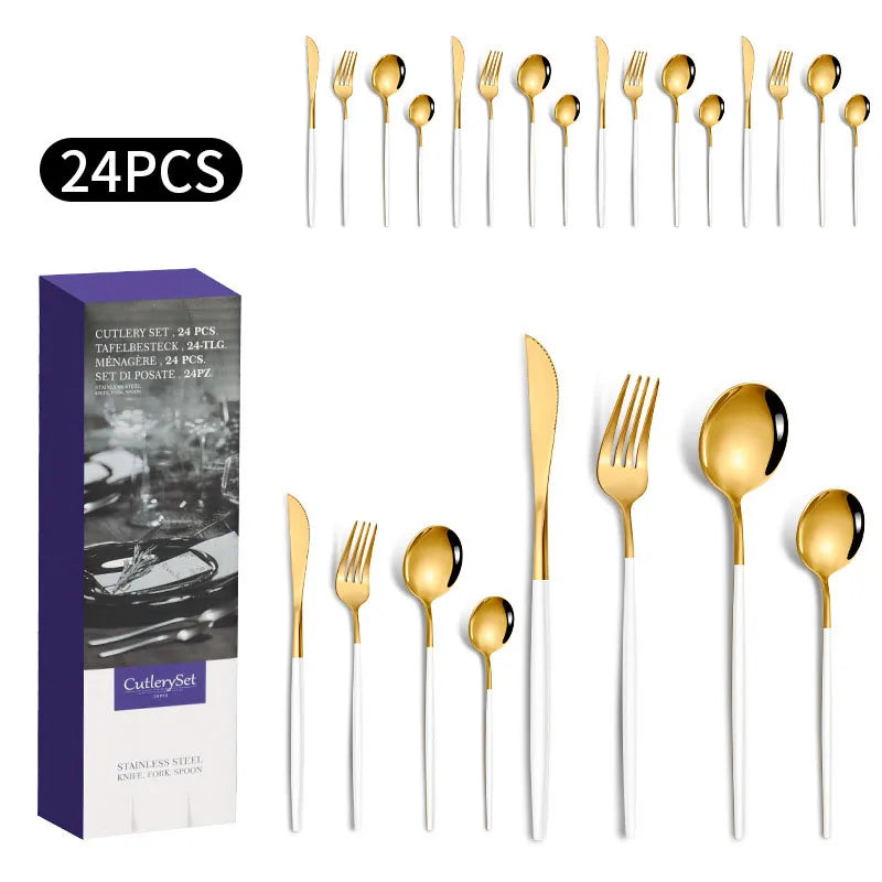 1010 stainless steel tableware 24-piece golden steak knife, fork and spoon gift box Western tableware suit