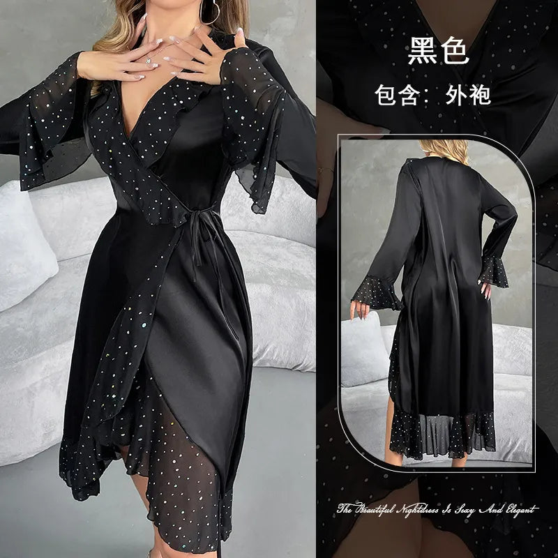 Fashionable V-Neck Long Sleeve Sequin Nightgown Women's Satin Robe Home Clothes Breathable Lightweight Polyester Silk Blend