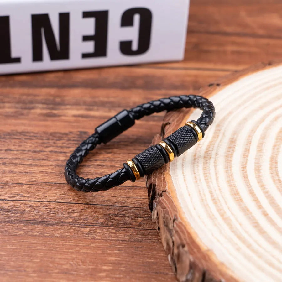 Casual Retro Simple Style Geometric Pu Leather Metal Men's wristband
