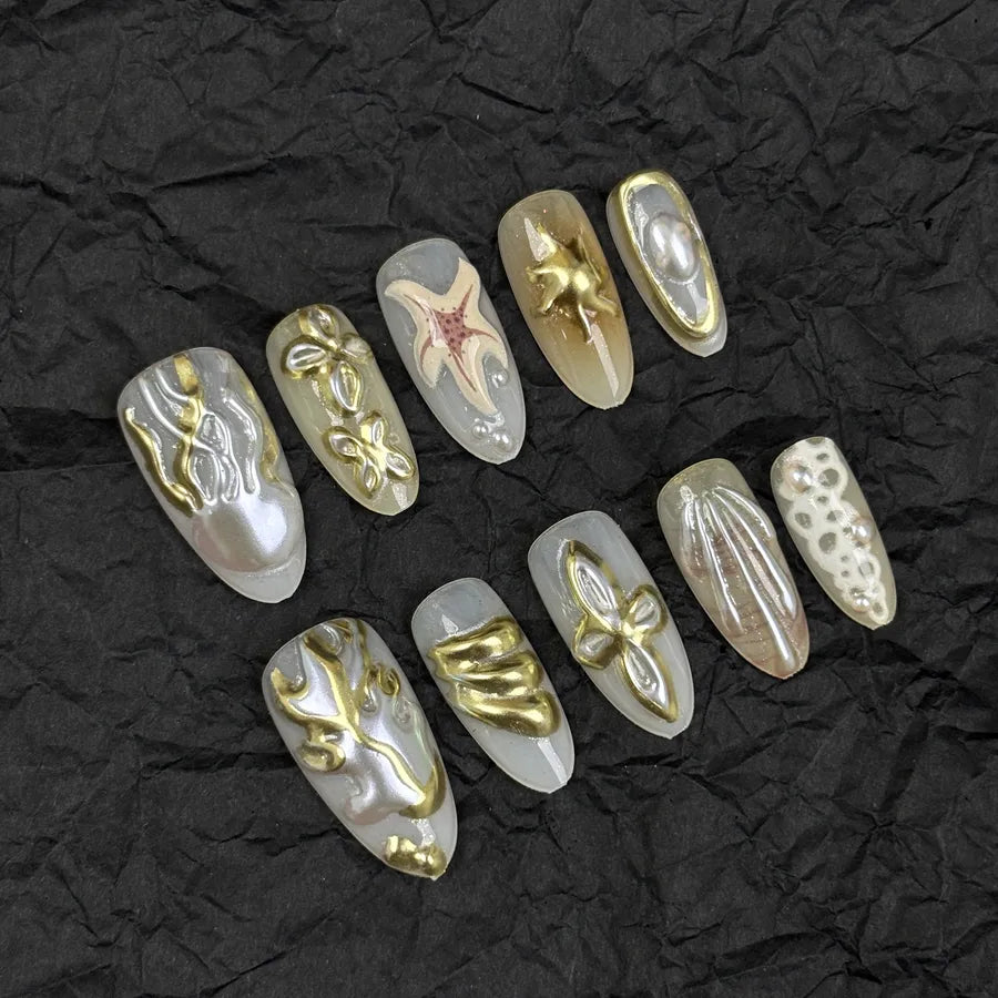 Handmade Almond Nail Press-Ons 3D Floral Shell Design Gradient White Effect European Style Nail Art False Nails Set