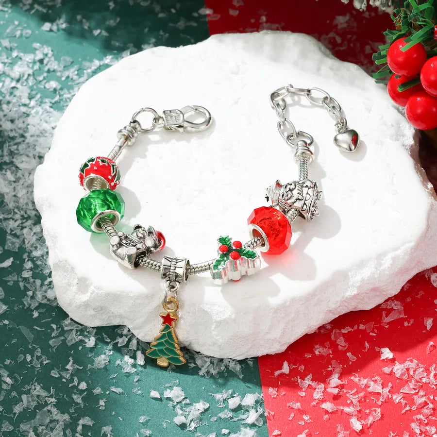 Hot-Selling Christmas Gift DIY Beaded Large Hole Beads Red Heart Snowman Apple Bell Children's Bracelet for Girls
