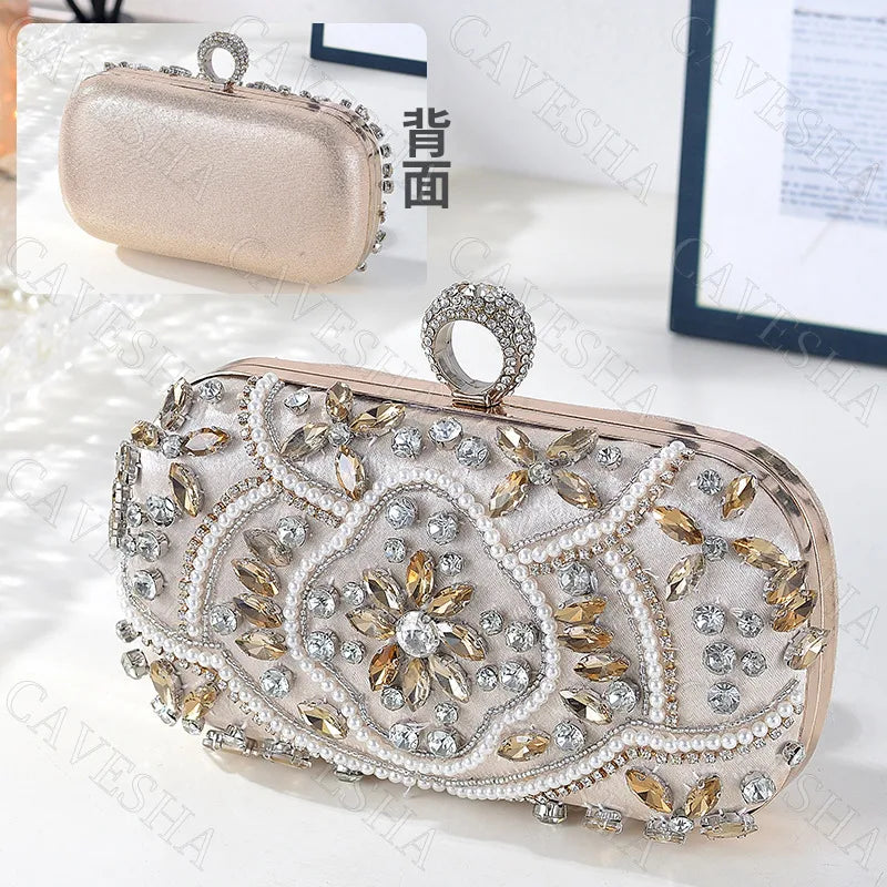Handmade Beaded Diamond Evening Bag Clutch For Women Square Shape Lock Buckle Closure Polyester Material Embroidery Fashion Element