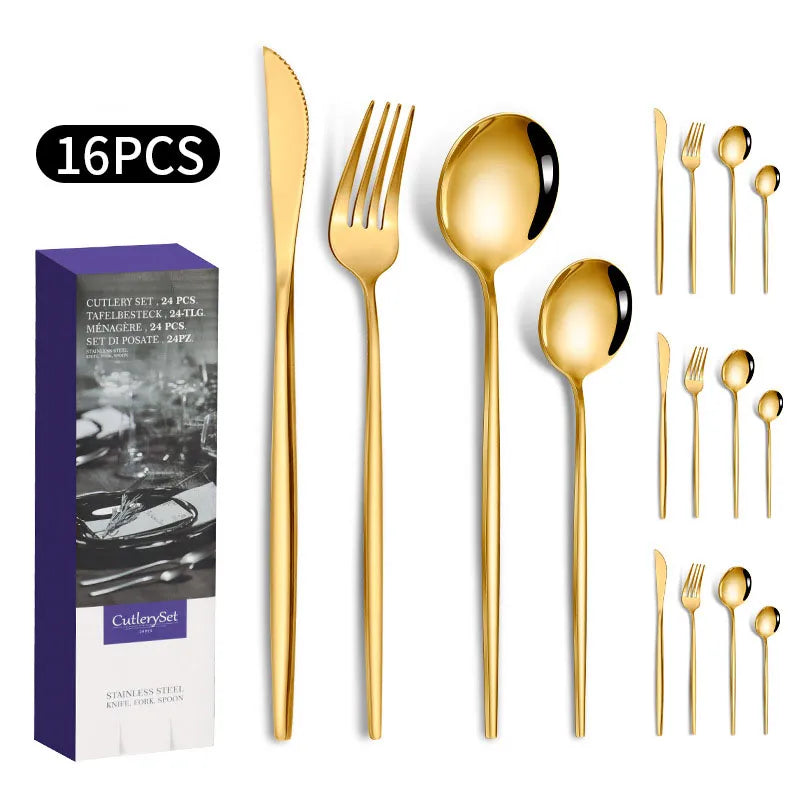 1010 stainless steel tableware 24-piece golden steak knife, fork and spoon gift box Western tableware suit
