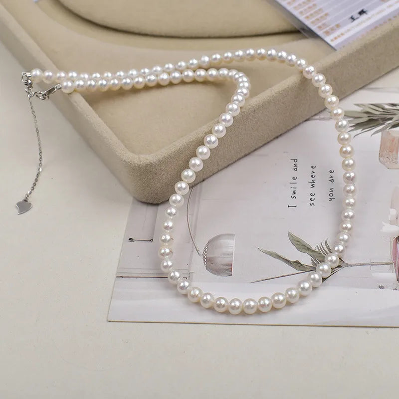 Natural Freshwater Pearl Necklace 925 Silver Near Round Small Pearls Fashion Simple Chain Jewelry Accessory