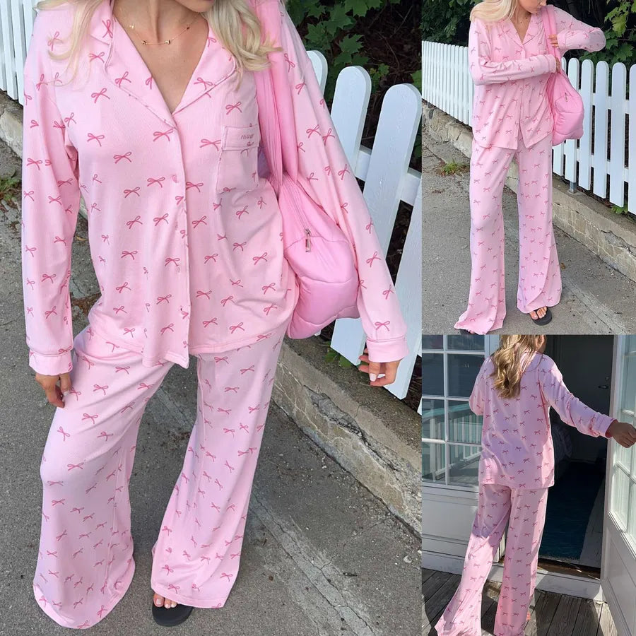Holiday Women's Vacation Simple Style Bow Knot Polyester Milk Fiber Pants Sets Pajama Sets