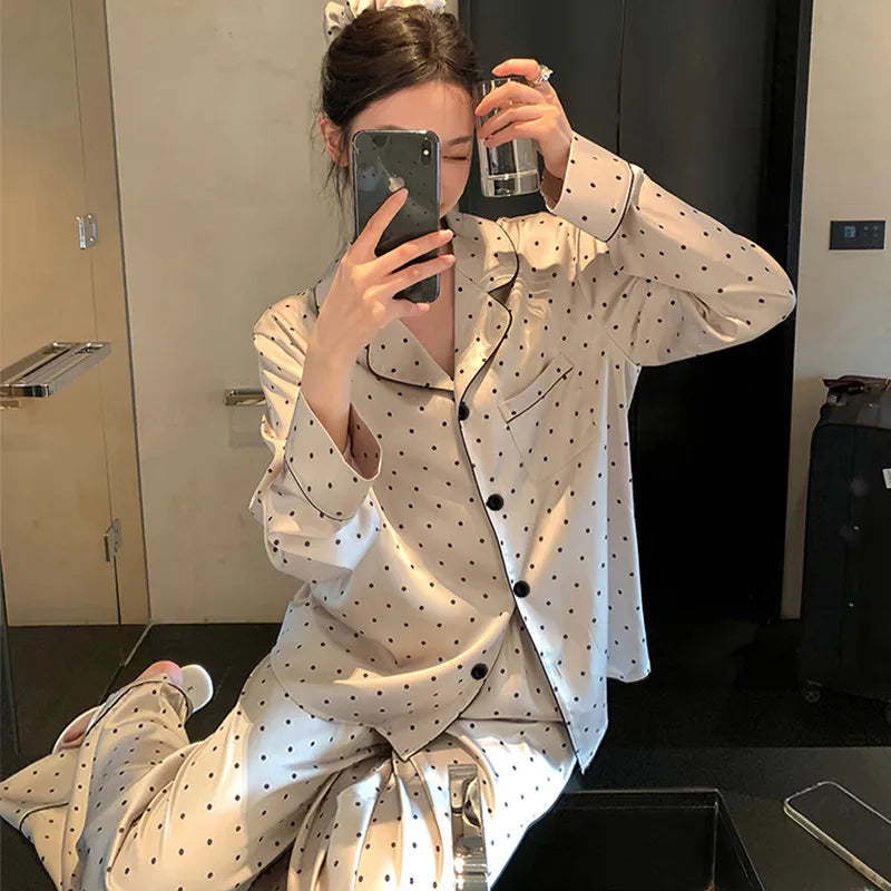 French Anti-Aging Sleepwear Women's Spring Autumn New Simple Polka Dot Long Sleeve Long Pants Ice Silk Home Clothes Fashion Set