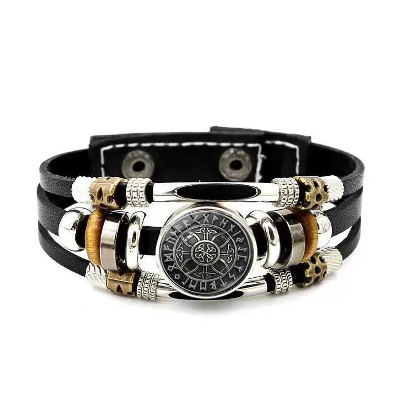 New Alloy Beads Woven Bracelet Nordic Viking Pirate Aoding Logo Compass Leather Bracelet for Men and Women