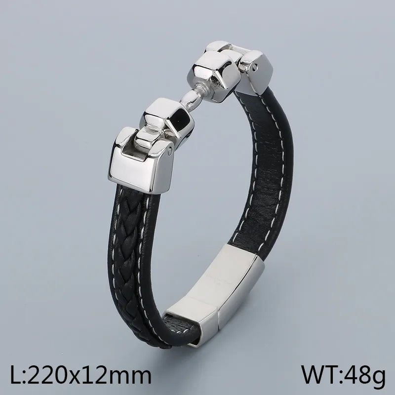 Business Color Block 304 Stainless Steel Leather Plating 18K Gold Plated Men's Bangle