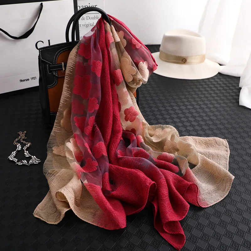Women's Elegant Flower Polyester Silk Scarf