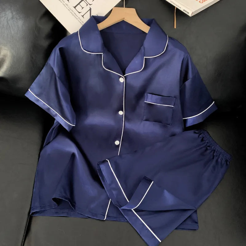 Home Women's Casual Solid Color Satin Shorts Sets Pajama Sets