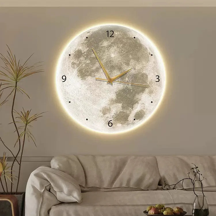 Moon Clock Living Room Clock Decoration Painting Silent Wind Wall Lamp Bedroom Creative Internet Celebrity Hanging Watch Mute Light Luxury Mural