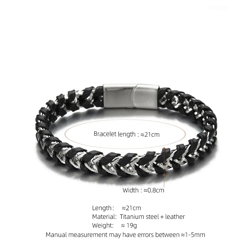 Simple Style Solid Color Stainless Steel Pu Leather Silver Plated Men's Bracelets