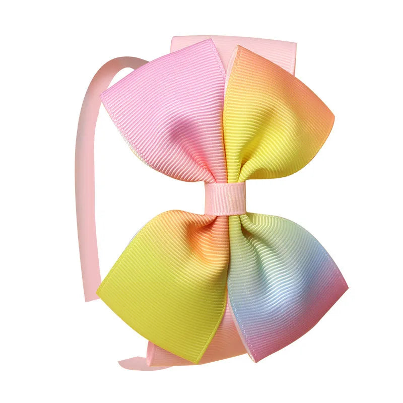 Popular  Kidsren's Pure Color Ribbed Rainbow Bow Head Buckle Small Fresh Versatile Girl Headband Hot Sale