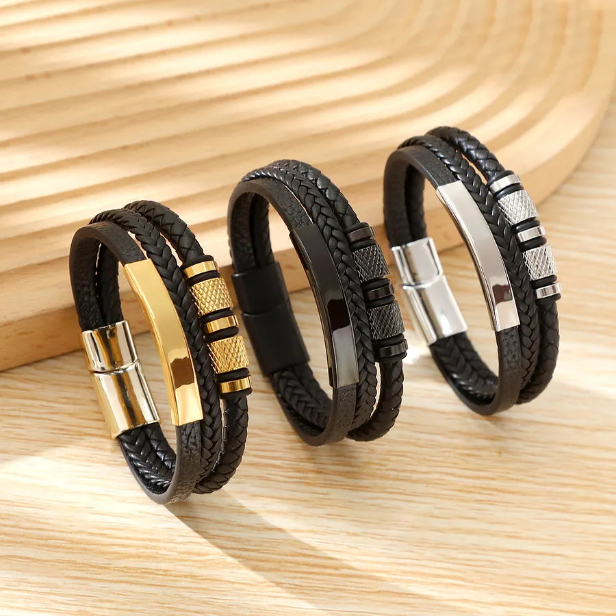 Casual Commute Cool Style Solid Color Pu Leather Layered Men's Bangle