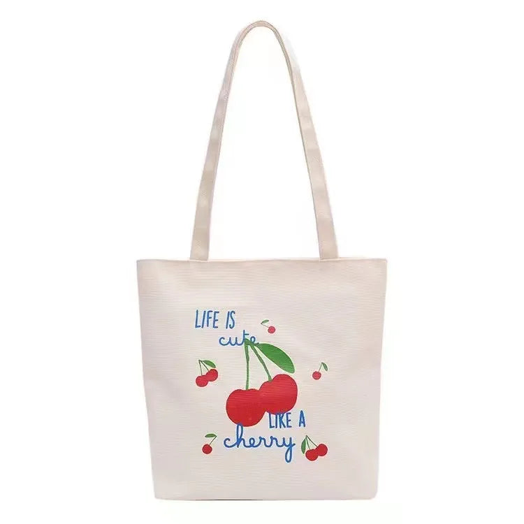 Women's Canvas Cherry Cute Sewing Thread Square Zipper Canvas Bag Tote Bag
