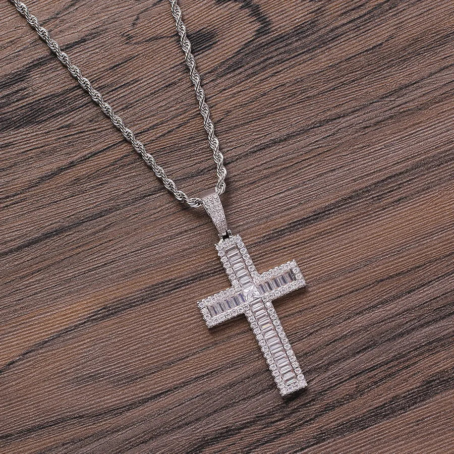Copper Hip-Hop Inlay Geometric Cross Zircon Pendant Necklace