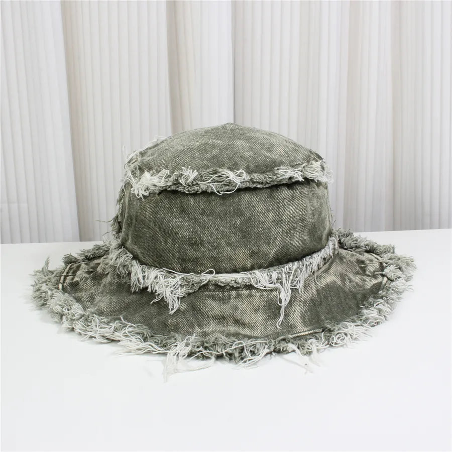 Retro New Style Denim Fishing Cap Women's Harajuku Sun Protection Bucket Hat Cuffed Tear Design Casual Versatile Streetwear