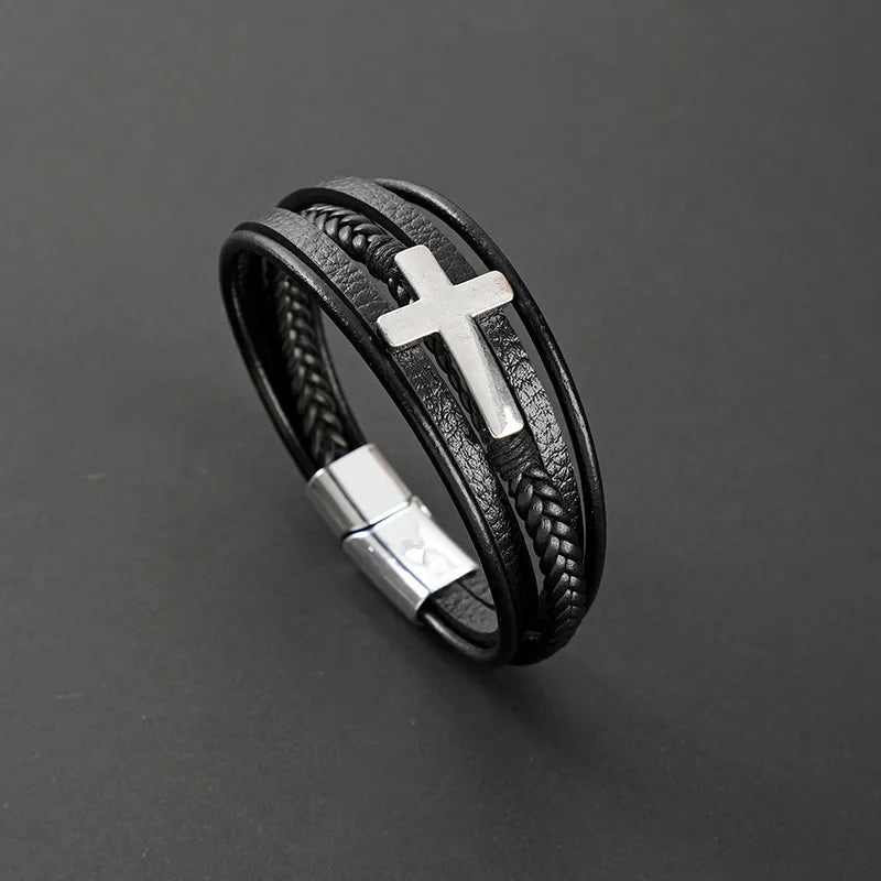 Vintage Style Classic Style Cross Pu Leather Titanium Steel Woven Chain Wrap Bracelets Wholesale