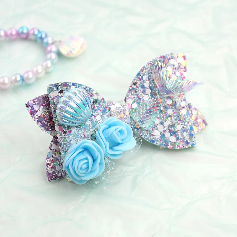 Amazon's Hottest Mermaid Princess Glitter Bow Shell Pearl Children's Girl Cute Hairpin