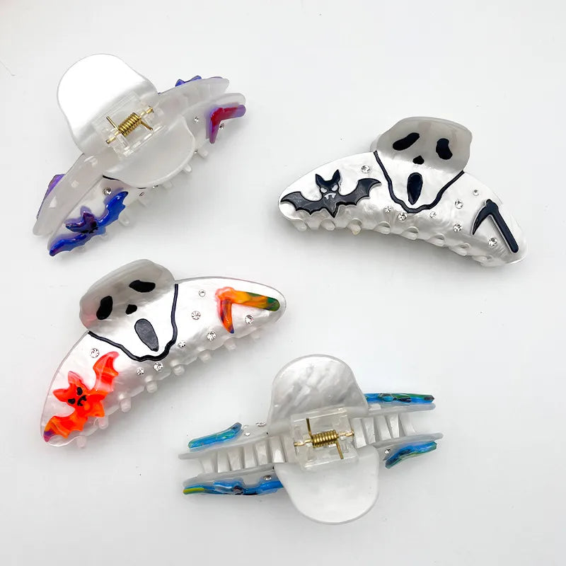 Acetate Skeleton Shark Clip Halloween Half Updo Hair Accessory Women's Dark Style Pumpkin Skull Headwear Bat Skeleton Grab Clip