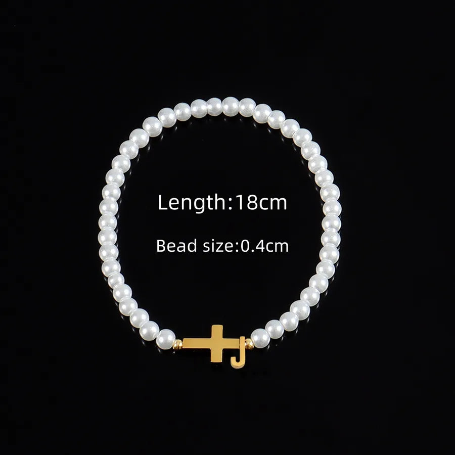 Classic Style Cross Letter 304 Stainless Steel Artificial Pearl Beaded Chain Beaded Bracelets Wholesale