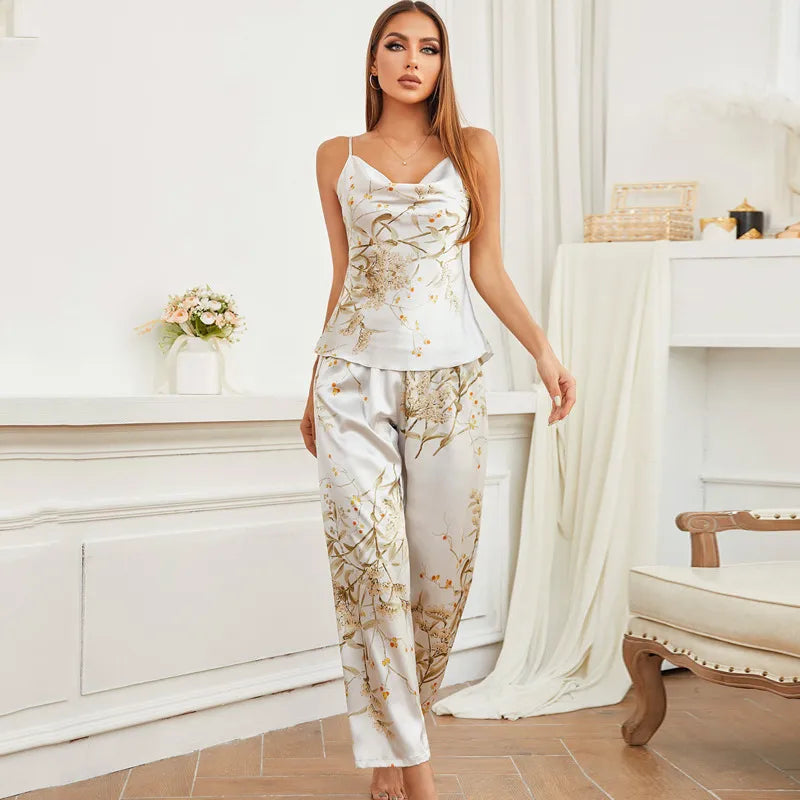 women's fashion cherry imitated silk pants sets