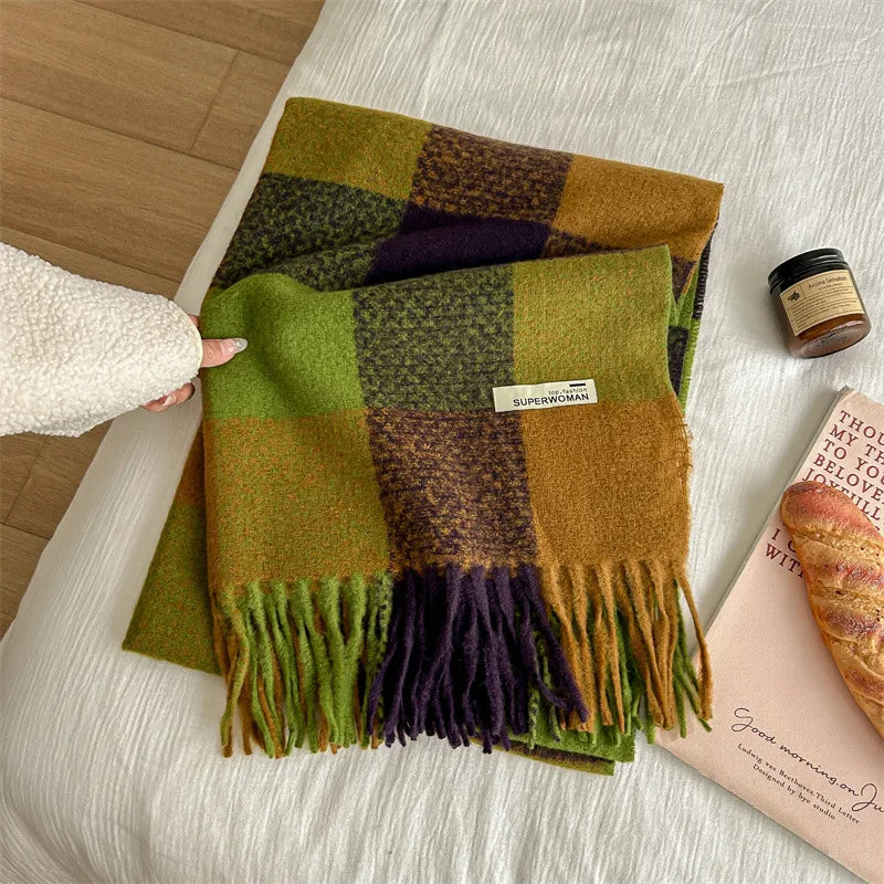 Women's Sweet Plaid Imitation cashmere Tassel Scarf