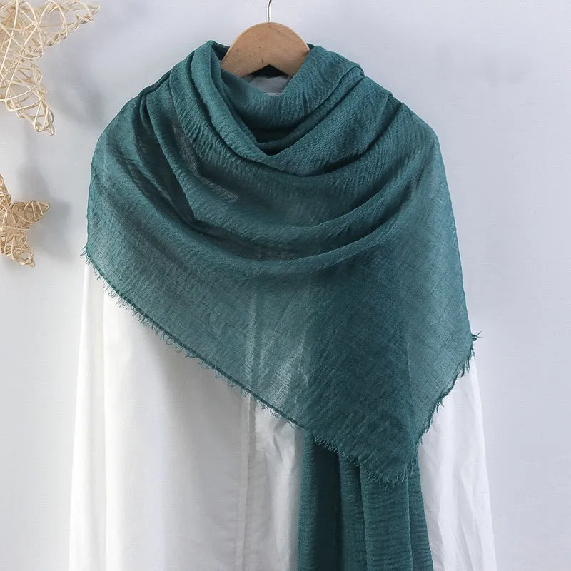 Hot selling solid color pleated cotton and linen scarf  women's bag headscarf crumpled hair fringe bubble scarf women's scarf cover head