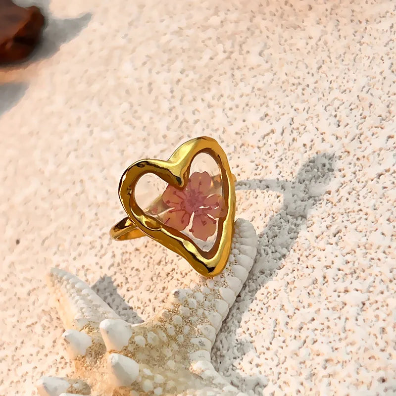 Wholesale Jewelry Romantic Classic Style Flower 304 Stainless Steel 18K Gold Plated Open Rings