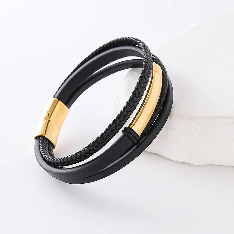 Hip-Hop Double Ring Leather Plating Men's Bracelets