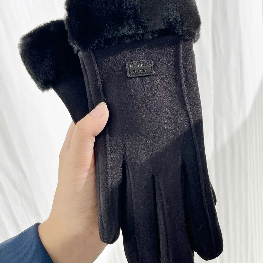 Gloves Women's Winter Velvet Thickened Warm  Cute Touch Screen De Velvet Fall/Winter Electric Car Cold-proof Riding Gloves