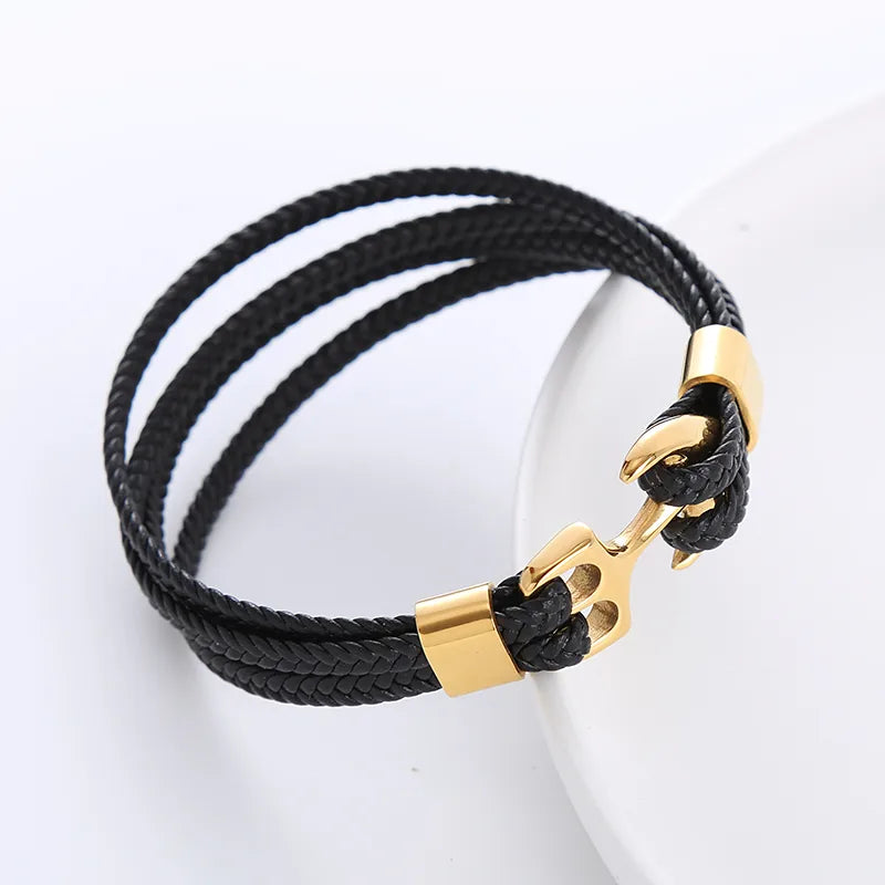 Casual Anchor 304 Stainless Steel Plating Braid No Inlaid 18K Gold Plated Men'S Men Cord & Leather Bracelets