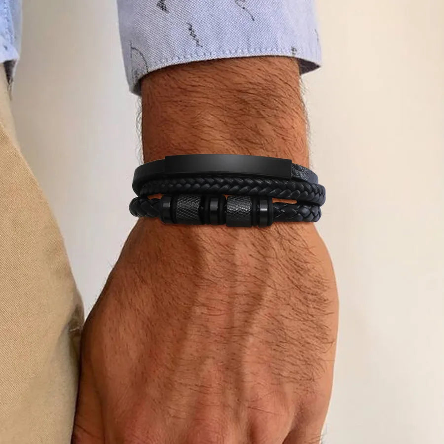 Hip-Hop Retro Solid Color 201 Stainless Steel Pu Leather Layered Men's ID Bracelet Bracelets