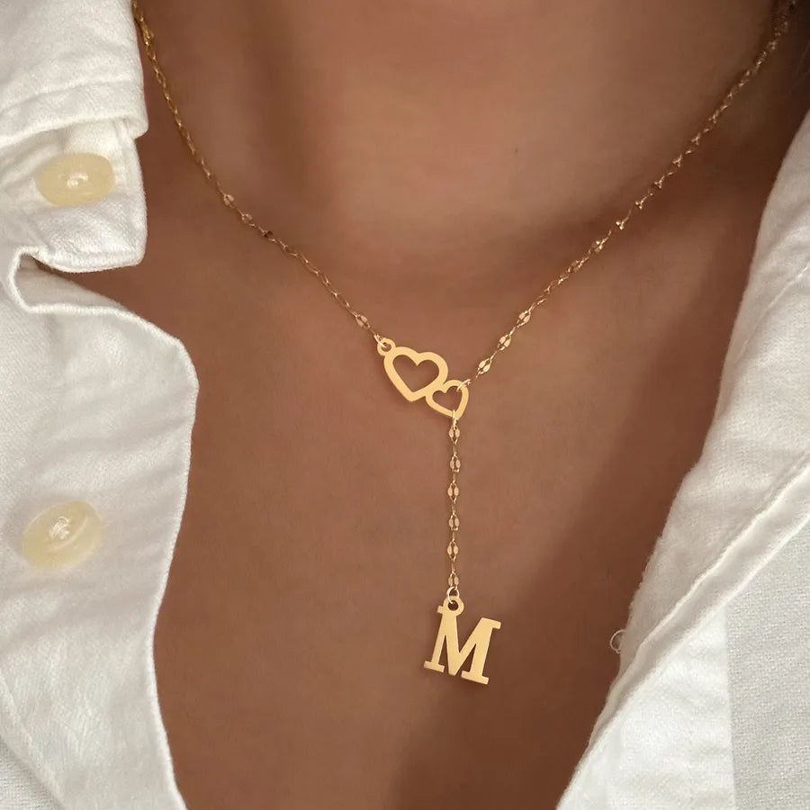 Wholesale Jewelry Simple Style Classic Style Double Heart Letter 201 Stainless Steel 304 Stainless Steel Lip Chain Pendant Necklace