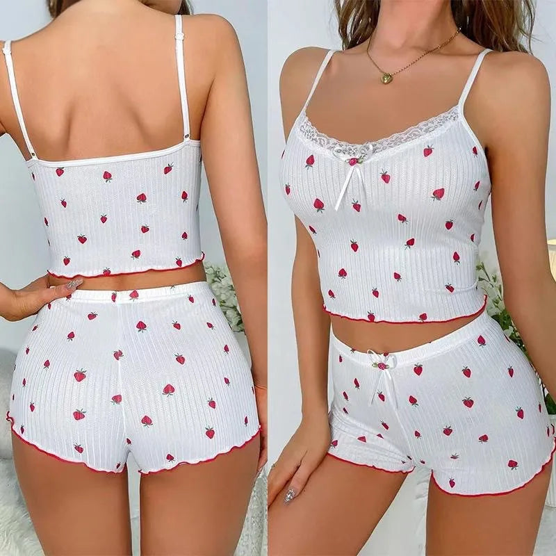 New Butterfly Knot Strap Shorts Set Women's Strawberry Print Lace Trim Two-Piece Polyester Milk Silk Home Wear Sleepwear