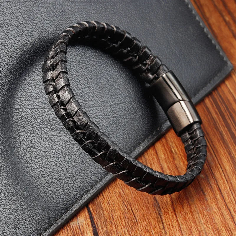 Black Leather Rope Cowhide Men's Double-Layer Stainless Steel Authentic Leather Weave Bracelet Handmade Multi-Layer Leather Bracelet 86