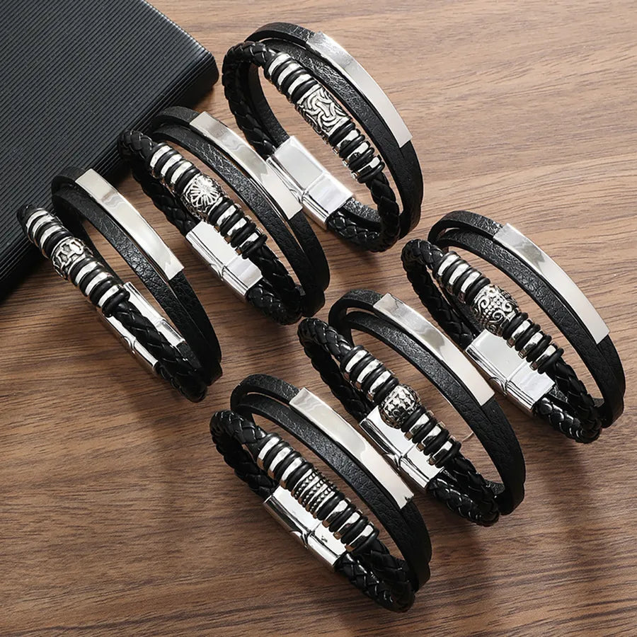 Hip-Hop Color Block Pu Leather Alloy Asymmetrical Handmade Men's Bangle