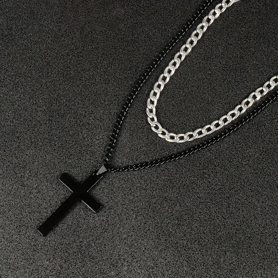 Simple Style Classic Style Cross Titanium Steel Men's Layered Necklaces Men Pendant Necklaces