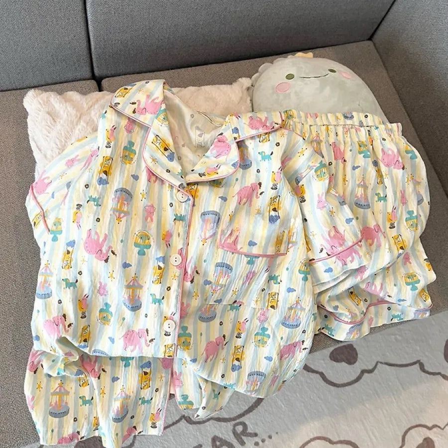 Pajamas Women's Summer Clouds Cotton  New Sweet Cute Cardigan Casual Short Sleeve Shorts Home Clothes suit