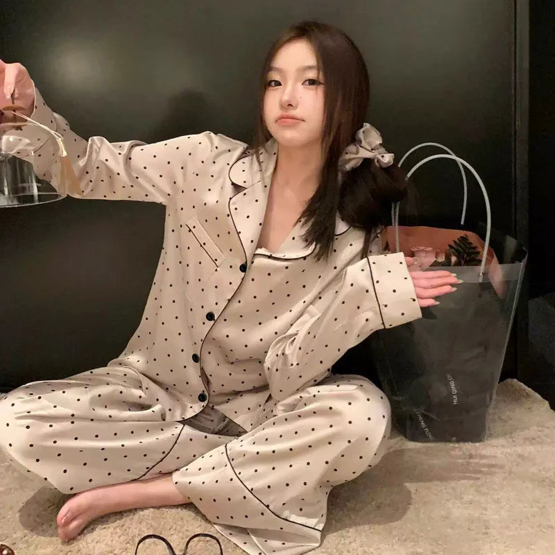 French Anti-Aging Sleepwear Women's Spring Autumn New Simple Polka Dot Long Sleeve Long Pants Ice Silk Home Clothes Fashion Set