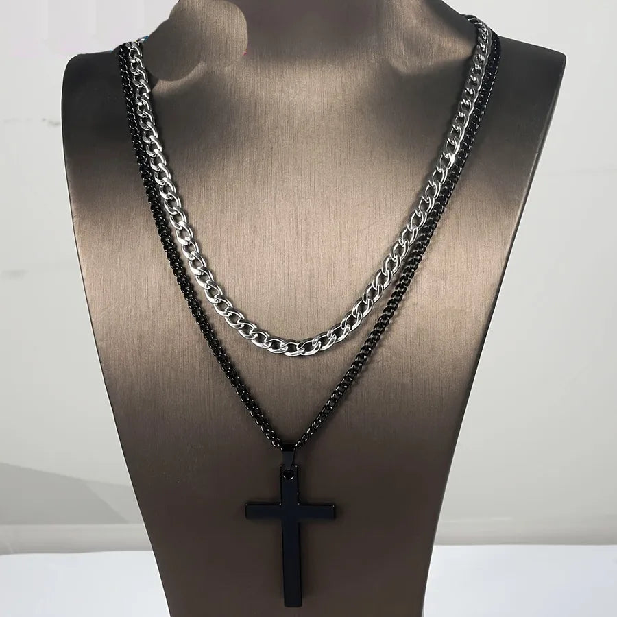 Simple Style Classic Style Cross Titanium Steel Men's Layered Necklaces Men Pendant Necklaces