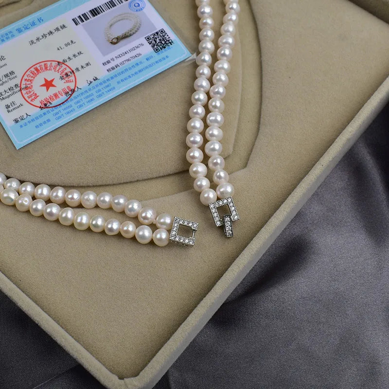 Natural Freshwater Pearl Necklace For Women 6-7m Near Round Vintage Multi-Layer Daily Qipao Elegant Fashion Clavicle Chain Jewelry