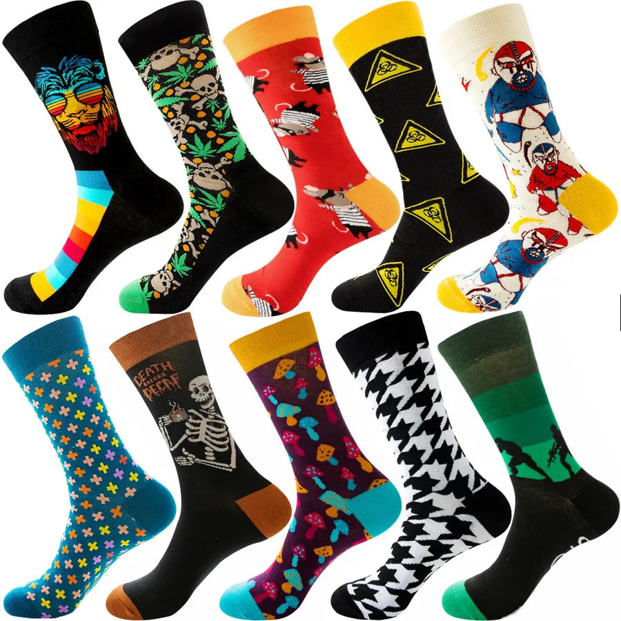 Men's Modern Style Classic Style Color Block Stripe Fruit Cotton Crew Socks A Set of 10 Pairs