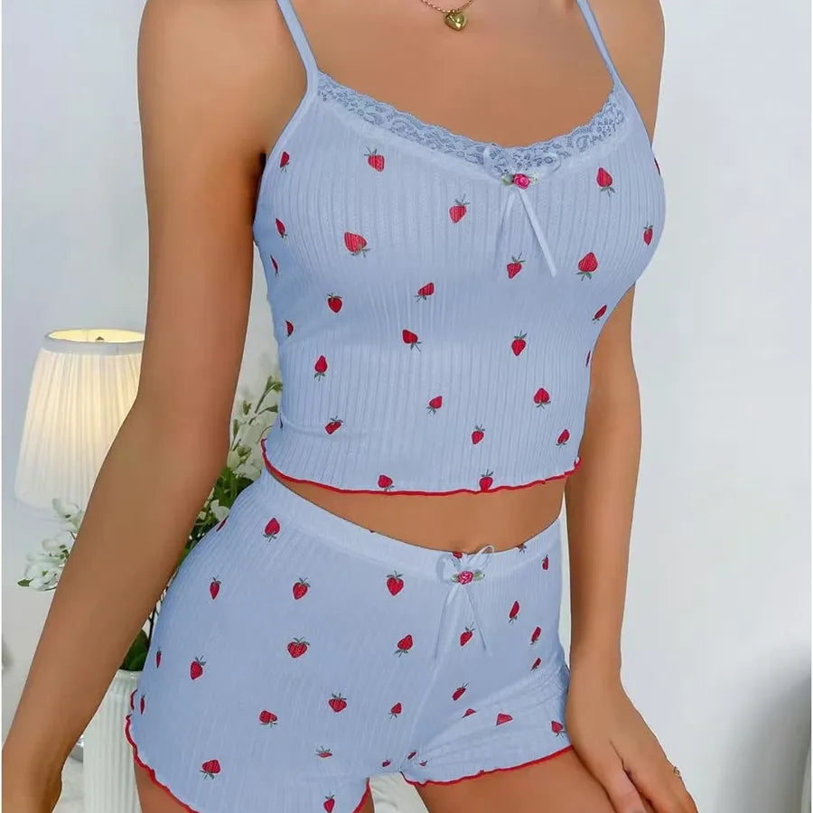 New Butterfly Knot Strap Shorts Set Women's Strawberry Print Lace Trim Two-Piece Polyester Milk Silk Home Wear Sleepwear