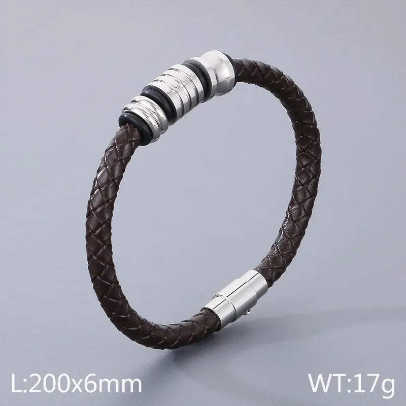 simple style geometric leather titanium steel men's bangle