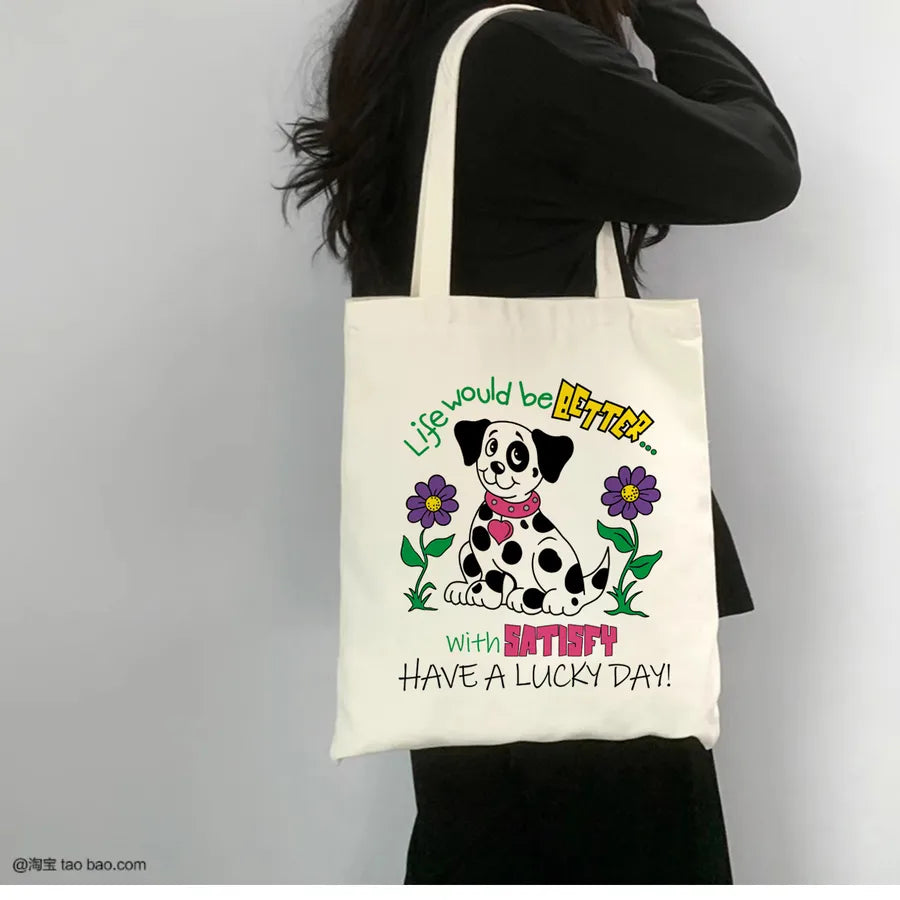 Women's Cute Animal Letter Canvas Shopping bags