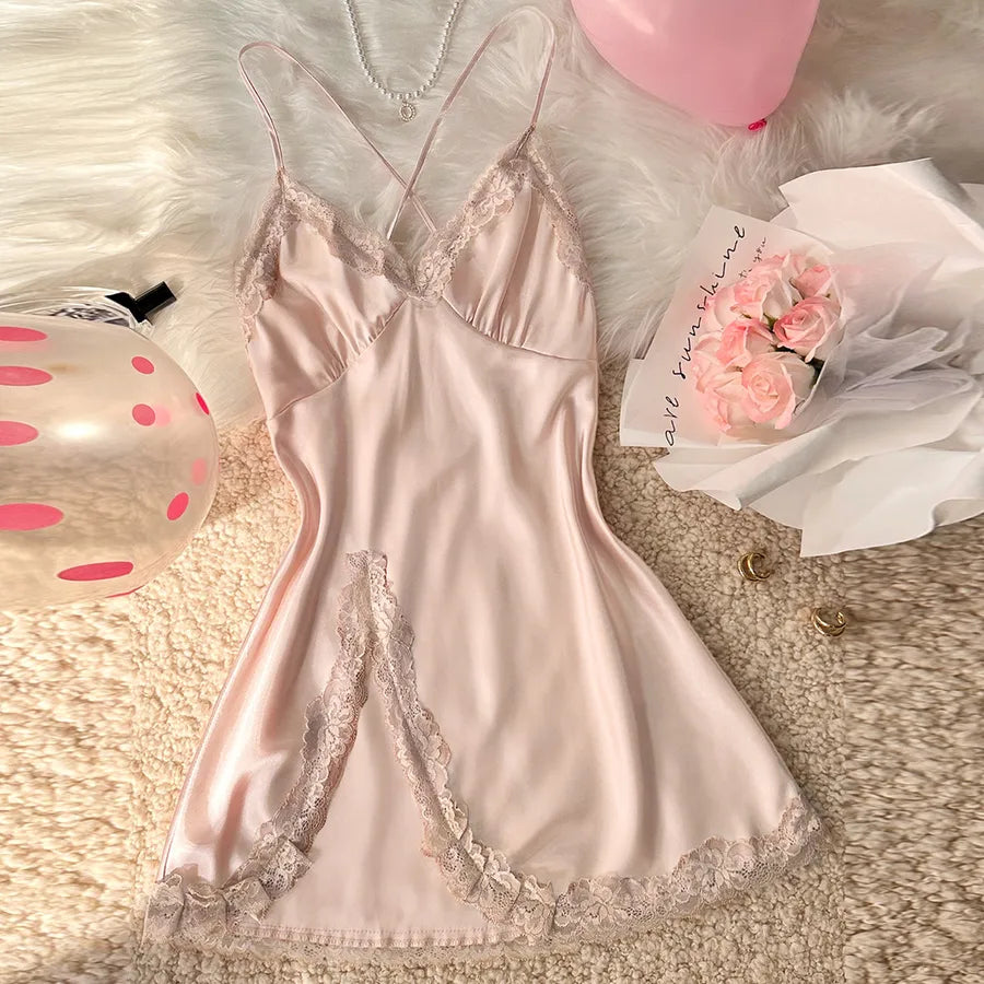 Home Women's Elegant Sexy Color Block Lace Imitated Silk Polyester Pajama Sets