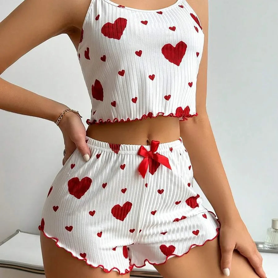 Home Daily Women's Sweet Heart Shape Spandex Polyester Shorts Sets Pajama Sets